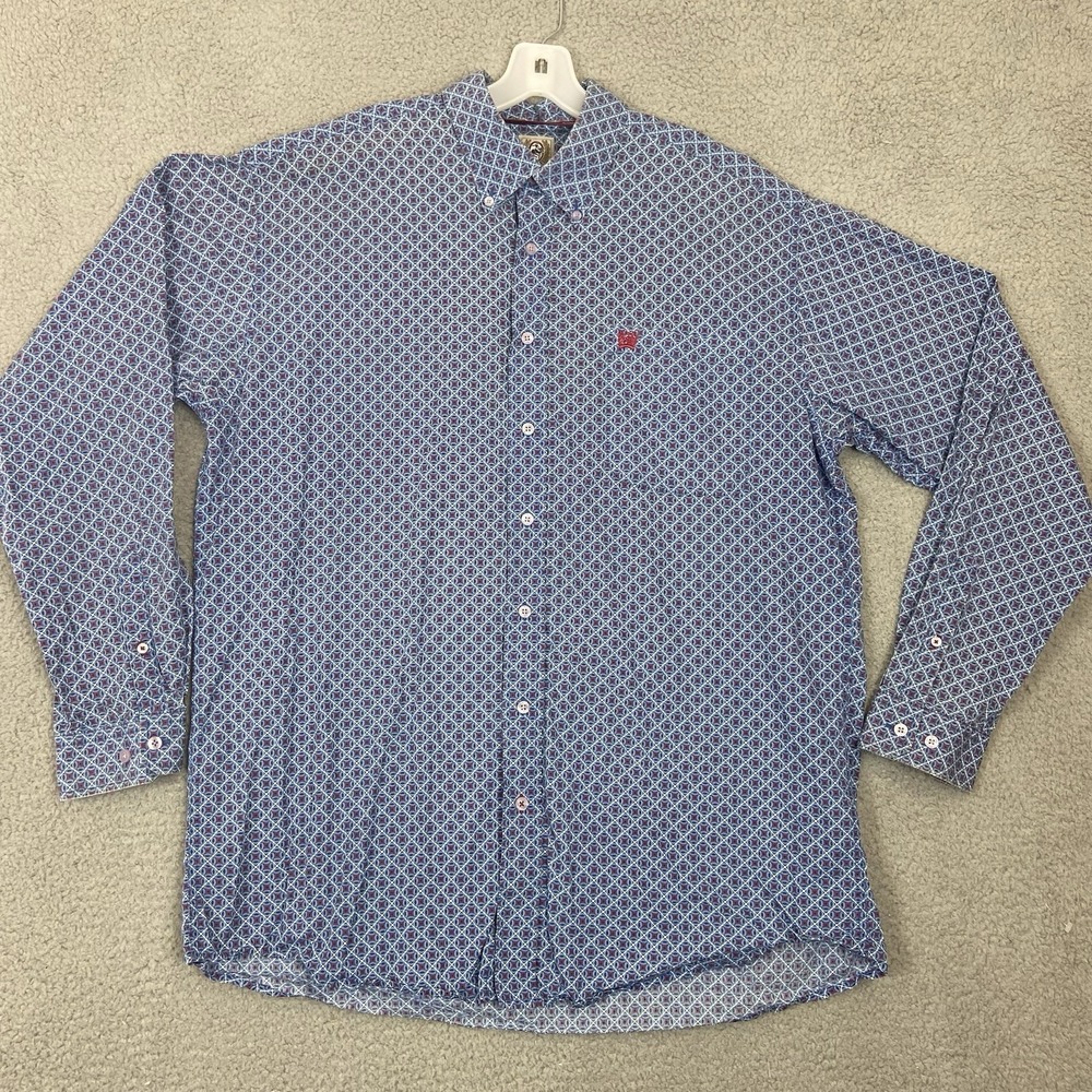 Cinch Mens Large Blue Red Geometric Western Button Up Shirt Long Sleeve Cowboy